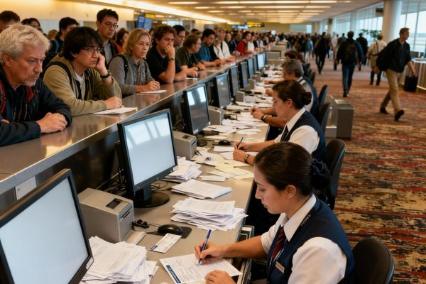 Airport screens down, staff doing manual check‑in